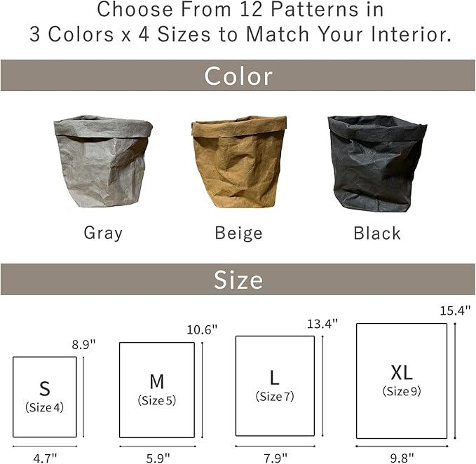 Planter Cover, Washable Kraft Paper Storage Bag, Interior, Case, Special Kraft Paper, Durable, Foldable, Toy Box, Stylish, Reliable Japanese Company, (Gray, Small)