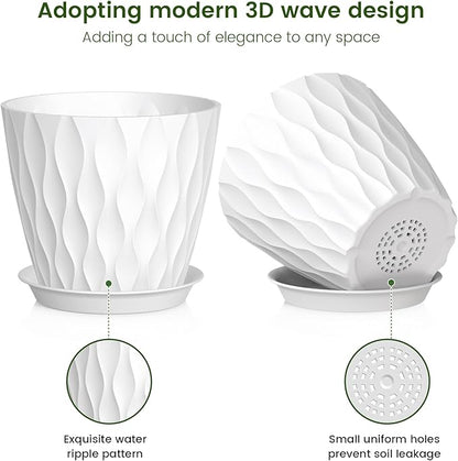 7 inch Plant Pots for Indoor Outdoor Plants, 5 Pack Thick Nursery Pots with Drainage Holes and Saucers, 3D Modern Wave Texture Plastic Planter Pots for Flowers and House Plants, White