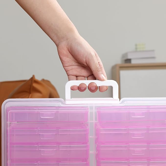 novelinks Transparent 4" x 6" Photo Cases and Clear Craft Keeper with Handle, 16 Inner Photo Organizers & Photo Storage Box, Plastic Photo Storage Containers (Pink Gradient)