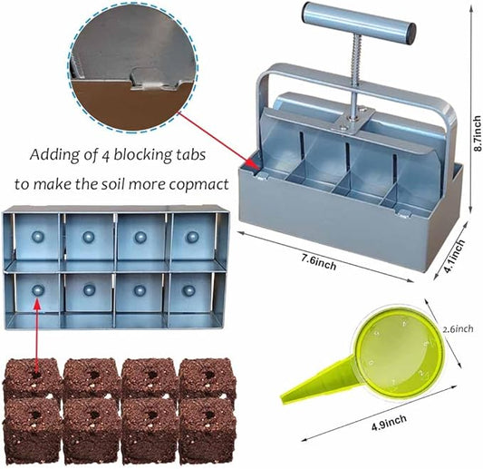 Handheld Soil Blocker Tool Kit - 8 Cell Heavy Duty 2 Inch Soil Block Maker for Seedlings, Cuttings, Greenhouses and Gardens (Ergonomic Design, Durable Metal Construction)
