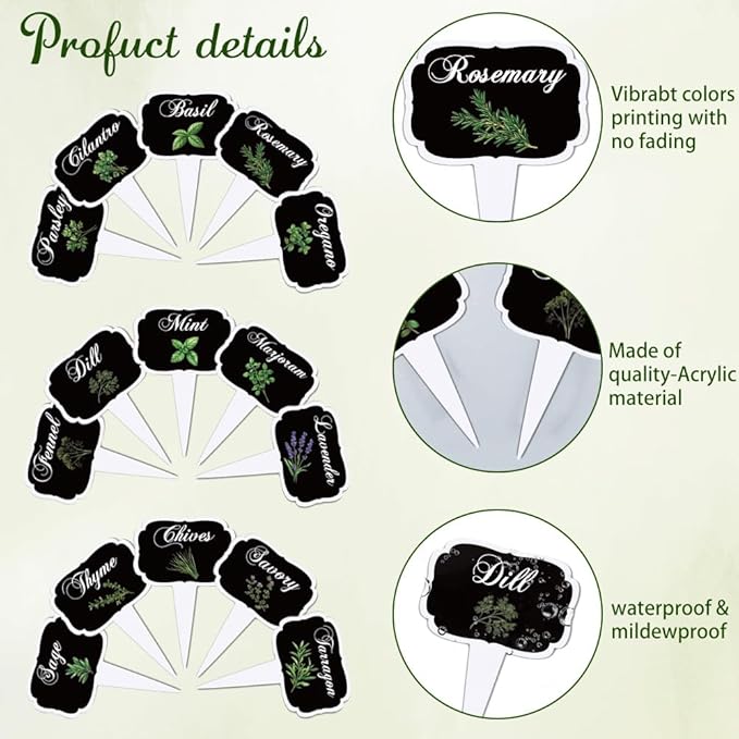 arricraft 15 Pcs Black T-Shaped Acrylic Plant Labels, Black Background Framed Herb Theme Waterproof Garden Stake Labels for Indoor Outdoor Potted Plants Nursery Marker Decoration 4.01x2.68 inches