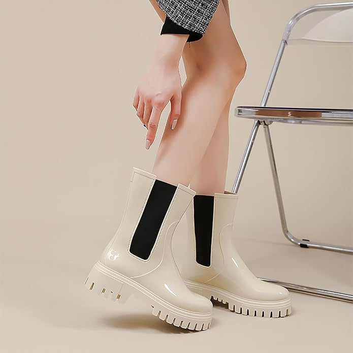Women'S Waterproof Lug Sole Rain Boots Fashion Elastic Slip On Comfortable Platform Chunky Heel Chelsea Ankle Boots Casual Outdoor Non-Slip Rubber Garden Booties