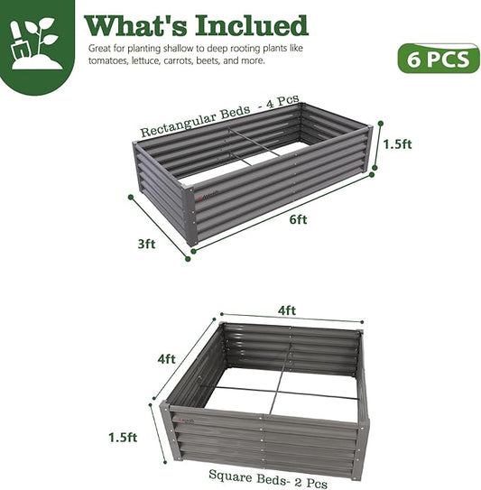 A ANLEOLIFE 6-Piece 18 Inch Tall Quartz Grey Raised Garden Beds Kit, Rectangular & Square Metal Planters for Structured Garden Layouts