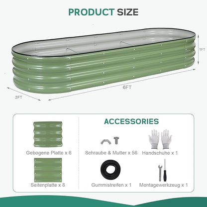 Galvanized Raised Garden Bed - 6×2×1ft Planter Raised Beds for Gardening | Oval Metal Garden Planter Box with Safety Edging and Gloves for Vegetables Fruits and Flower OliveGreen