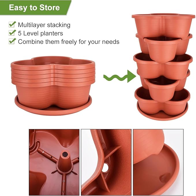 5 Tier Vertical Planters Stackable Gardening Planter for Strawberries, Flowers, Herb and Vegetables, Brick Red