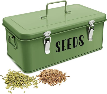 Flexzion Seed Saving Box - Metal Seed Storage Organizer Box with Lid, 4 Spacious Compartments Storage Bin for Garden Tools & More with Safety Locks, Green