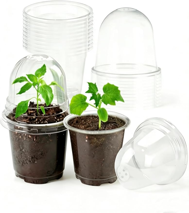 JOPY 30 Pack 4 Inch Plastic Nursery Pots with Humidity Dome for Plants Clear Seed Starter Pots Seedlings Planting Pots for Garden Indoor and Outdoor Small Planter Containers with Drainage Holes