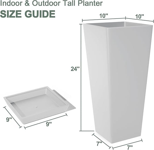 24" Tall White Planters for Outdoor Plants Set of 2, Large Flower Pots Planters with Drainage Holes & Tray, Modern Indoor Tapered Tall Planter for Front Porch