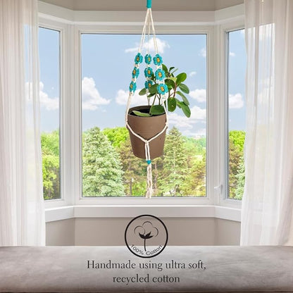 Macrame plant hanger with Daisies | Hanging plant holder | Macrame Plant hangers outdoor and indoor hanging planters Plant stand indoor Boho Decor hanging planter stand / plant shelf (Ocean Teal)