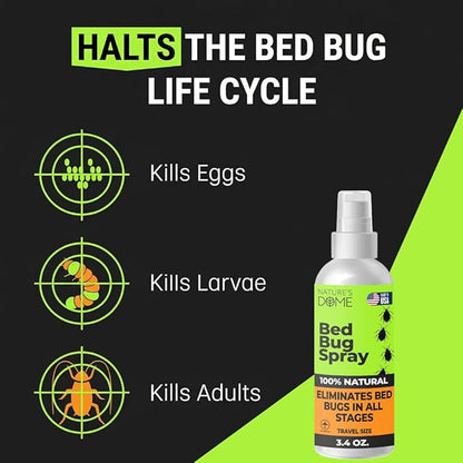Nature's Dome Bed Bug Spray – 100% Kill Rate, Natural Bed Bug & Mite Killer, Destroys Eggs, Kills Resistant Strains, Long-Lasting Protection, Safe for Home Use (3.4 Fl Oz (Pack of 1))