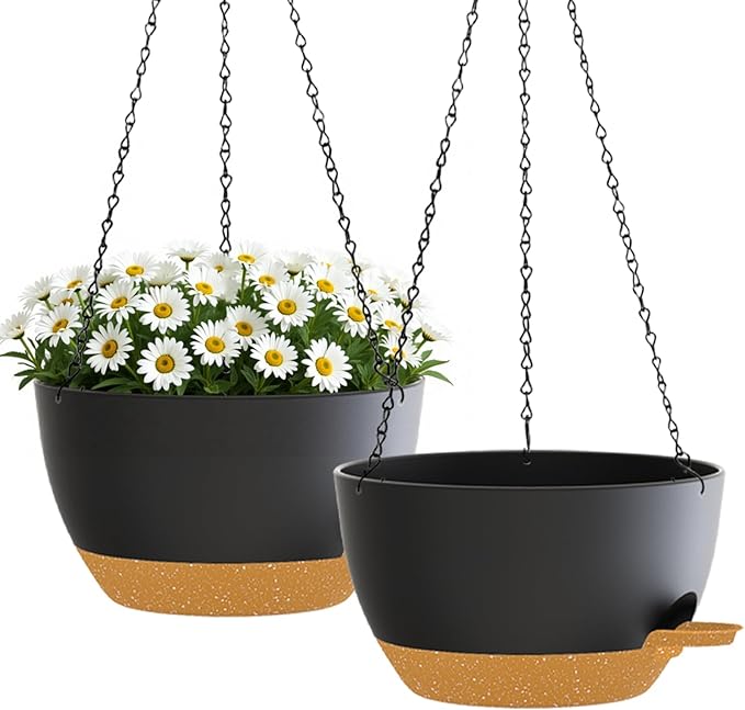 2 Pack 10 Inch Self Watering Hanging Planters for Indoor Plants, Large Black Brown Plastic Hanging Pots with Chains for Outdoor Patio Garden Home Decor (Black Brown)