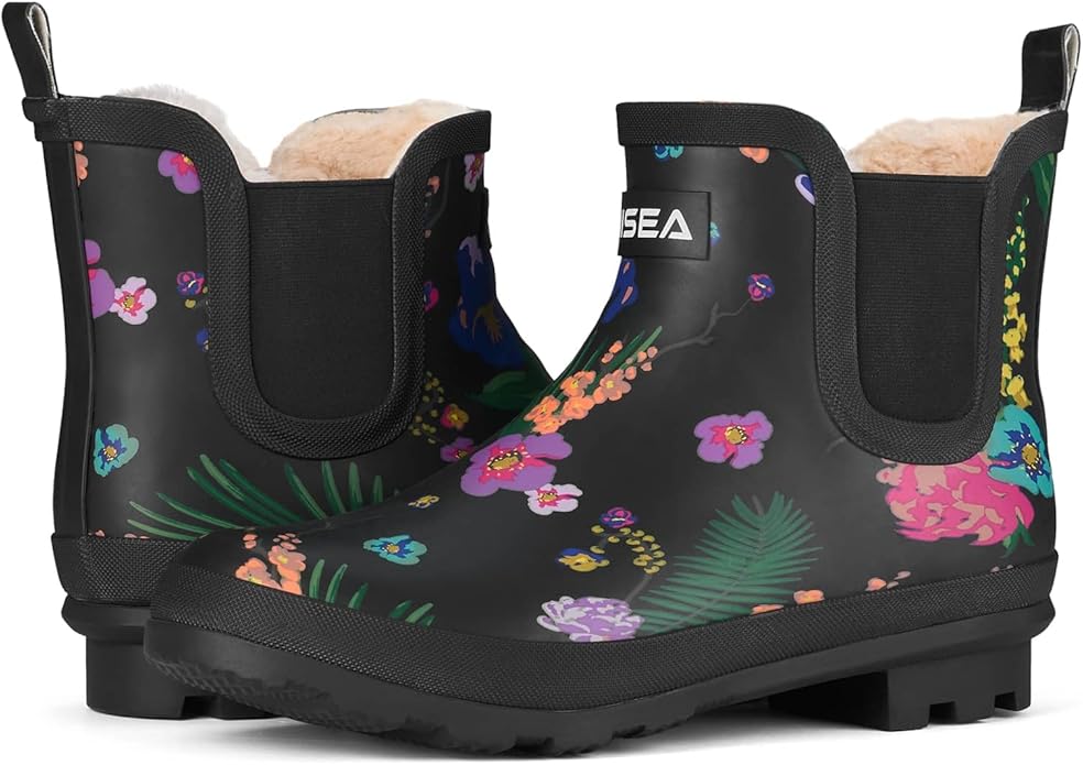 HISEA Women's Plush Rain Boots Waterproof, Chelsea Rubber Booties Women, Ladies Ankle Snow Boots for Winter Spring Garden Outdoor