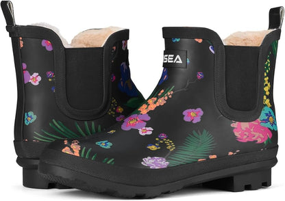 HISEA Women's Plush Rain Boots Waterproof, Chelsea Rubber Booties Women, Ladies Ankle Snow Boots for Winter Spring Garden Outdoor