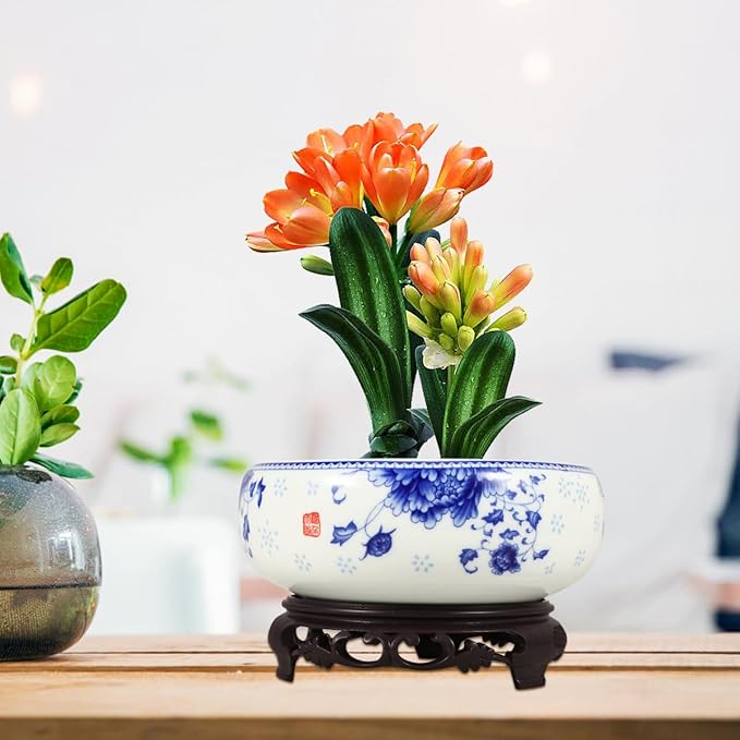 DOITOOL 7 Inch Lotus Bowl Planter Water Lily Pot with Stand Lotus Flower Bowl White Planter Hydroponic Container Bonsai Pots for Indoor Garden Decoration