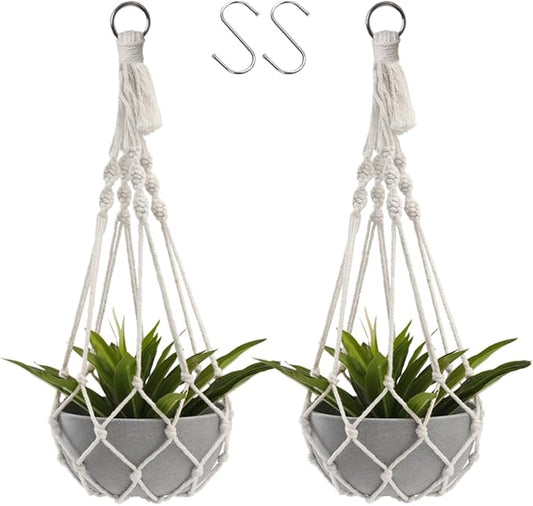 Artilady Macrame Plant Hanger Large Hanging Planter for Indoor Plants Holder White Cotton Rope Hanging Plant Basket Handmade Outdoor Window Boho Plant Wall Decor (White Macrame-2pcs)