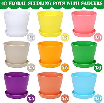 48 Pack Plastic Planters 4 Inch Flower Plant Pots Indoor Set Thickened Seedling Nursery Pots Seed Starting Pots with Drainage Holes Saucers, Mini Garden Tools for Home Office Garden, Multicolor