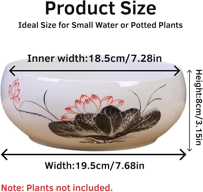 Lotus Bowl Planter, Ceramic Water Lily Bowl, Hydroponic Bonsai Lotus Bowls for Water Plants Indoor, Succulent Pots, Leak-Proof Design (7.68in*3.15in)
