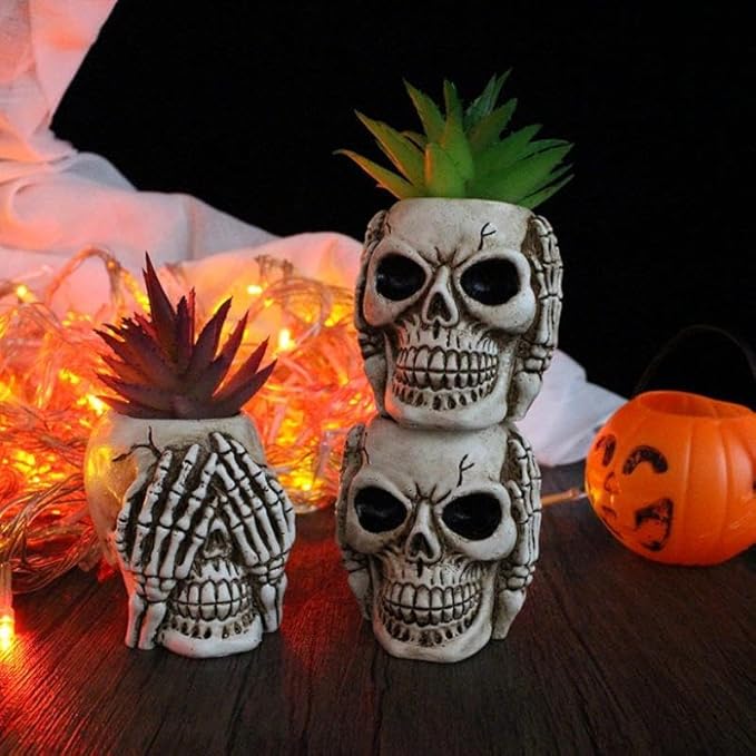 YYW Skull Planter Pot Set of 3 Succulents Pot Halloween Skeleton Sculpture Decor Resin Flowerpot for Home Office Desk Decorations