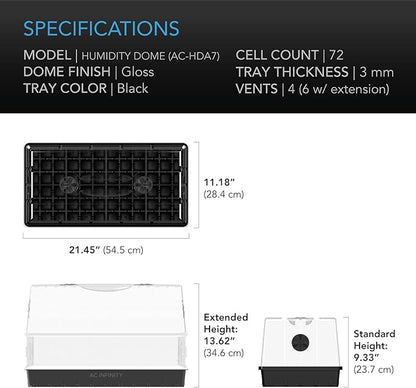 AC Infinity Large Humidity Dome, Heavy-Duty Germination Kit with 3 mm Thickest Clear Dome, Sturdy Drip Tray, 6x12 Cell Seedling Tray, Vented Height Extension Panels, for Seed Starting, Cloning Plants