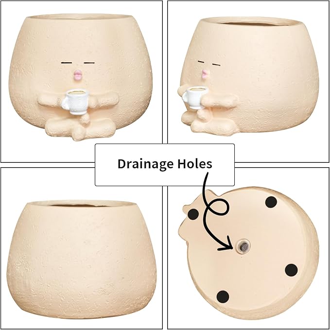 Smily Face Planter Pot with Coffee Cup Cute Resin Flower Head Planters for Indoor Outdoor Unique Sit Succulent Pots with Drainage Hole Gift IdeaI for Mother Christmas (Khaki)
