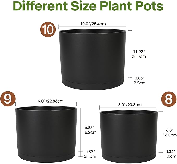 GARDIFE 10/9/8 Inch Modern Cylinder Planter, Plant Pots for Indoor Outdoor Plants, Flower Pots with Drainage Holes and Saucers for Garden Succulent Nursery House Plants (Black)