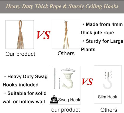 43 Inch Macrame Plant Hanger Large for up to 12 Inch Pot Extra Long Hanging Plant Holder No Tassels Jute Rope Hanging Planter Basket for Indoor Outdoor Boho Decor, Brown 1 Pack