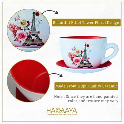 7.5" Ceramic Teacup Planter Pot with Saucer | Ideal for Succulents, Orchids, Herbs & Flowers | Indoor & Outdoor Use for Valentines Day Gift - RED - Paris Eiffel Tower