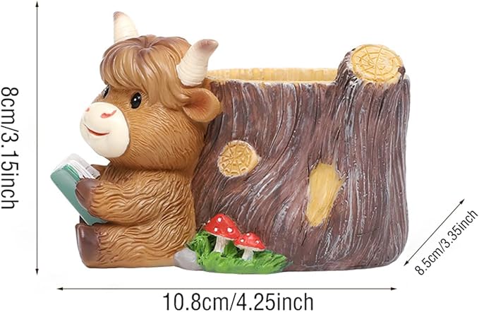 Highland Cow Succulent Planter with Drainage Hole & Plug, Mini Resin Cow Flower Pot for Indoor Outdoor Plants, Cute Animal Planter for Home & Garden Decor (A)