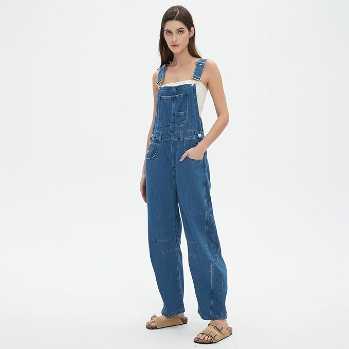 D-Sun Women's Striped Bib Overall Barrel Casual Tapered Overall Pants Wide Leg Adjustable Straps Stretch Jumpsuits