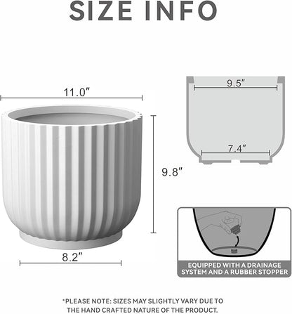 Kante Round Fulted Planter, 14 Inch Dia Large Concrete Plant Pots with Drainage Hole and Rubber Plug, Modern Decor for Indoor Outdoor Plants, Flower, White
