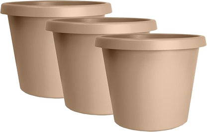 The HC Companies 14 Inch Round Prima Planter - Plastic Plant Pot with Rolled Rim for Indoor Outdoor Plants Flowers Herbs, Sandstone (Pack of 3)