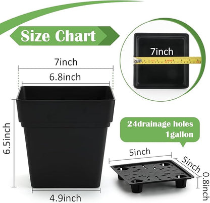 6-Pack 7'' Square Planters with Built-in Drainage Tray – Heavy-Duty Black Plastic Planter with Drainage Hole and Bottom Stopper, BPA-Free Plant Pots Matte Finish for Indoor Outdoor
