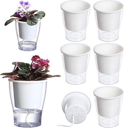 5-Pack 5.1 Inches Clear Self-Watering Planters African Violet Pots Plastic Wicking Flower Pots for Indoor Plants, Herbs, African Violet, Ocean Spider Plant, Orchid Garden Pot