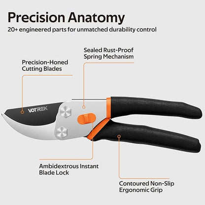 VOTREK® Pruning Shears, 8.5” Professional Garden Pruner with Jam-Proof Spring & Ever-Sharp SK5 Blade, Ergonomic Bypass Clippers for Rose, Tree Trimming, Heavy Duty Bonsai Scissor for Weak Hand