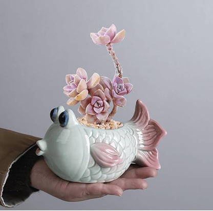 6 Inch Vintage Tropical Fish Ceramic Planter, Cute Cartoon Succulent Cactus Bonsai Pot, Air Plant Holder Display Container for Home Office Desk Shelf Windowsill Decor (No Plants)
