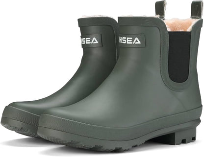 HISEA Women's Plush Rain Boots Waterproof, Chelsea Rubber Booties Women, Ladies Ankle Snow Boots for Winter Spring Garden Outdoor
