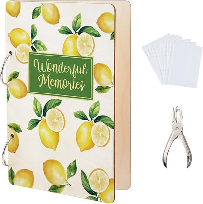 SUPERDANT Wonderful Memories Greeting Card Organizer Planning Book Binder Card Keeper Birthday Cards Holder Lemon Wooden Keeper Binder Photo Album 2-Rings Cover with Punch and 20pcs Inner Pockets