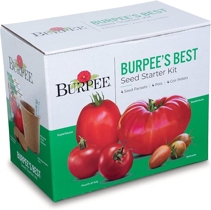 Burpee Best Starter Kit, SuperSauce, Fourth of July, Shimmer & Steakhouse, 4 Tomato Seed Packets, 4 Pots, 4 Coir Pellets & 4 Plant Markers