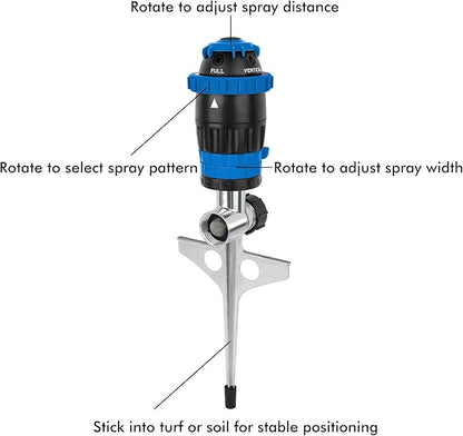 RESTMO Gear Drive Sprinkler with Metal Spike Base, 5-Pattern Heavy Duty Gardening Watering System, Multi-Adjustable Lawn Sprinkle for Garden Plant, Flower Bed and Large Yard Area Watering, Blue