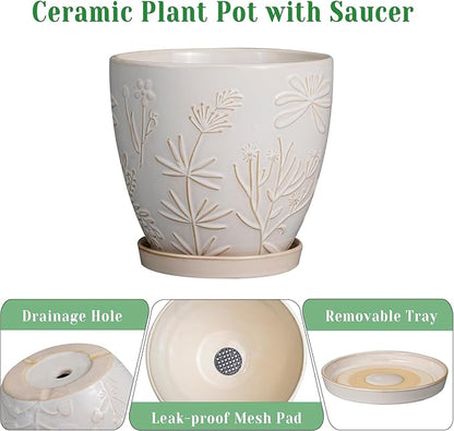 8 Inch Ceramic Pots for Plants Large Planter Pot with Drainage Hole and Saucer Round Flower Pot for Indoor Outdoor Decor, White