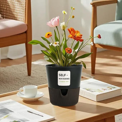 Flower and Plant Pot, Self Watering Plastic Plants Planter with Drainage Holes and Saucers, Modern Outdoor Indoor Decorative Flower Pot for Plants, Flowers, Herbs, Succulents (Grey, 7.5 inch)