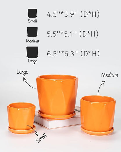 Ceramic Plant Pots, 6.7 + 5.3 + 3.9 Inch Octagon Pots for Plants, Flower Planters for Indoor with Drainage and Saucer Set of 3, Bright Orange