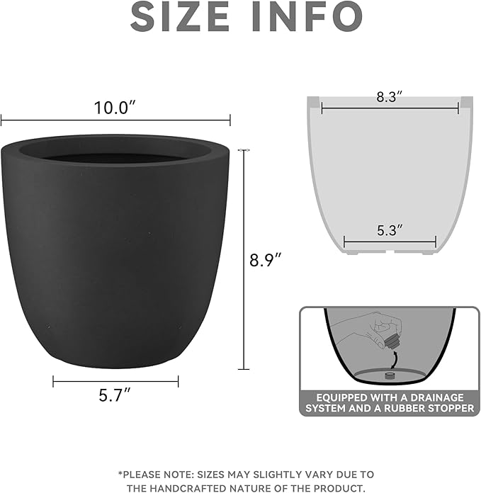 Kante 10 Inch Dia Round Concrete Planter, Indoor Outdoor Large Plant Pot with Drainage Hole and Rubber Plug for Home Patio Garden, Black