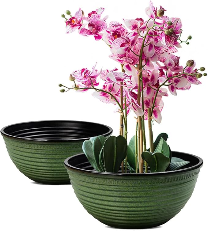 2 Pack 10 Inch Plant Pots,Durable Decorative Flower Pots Planters with Drainage Hole for Indoor and Outdoor Plants,Flowers,Succulents, Green