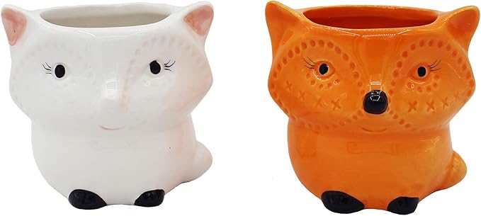 Cute Fox Gifts Animal Succulent Planters 2 Pack Ceramic Flower Pots with Drainage Hole, Office Décor