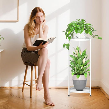 iDavosic.ly 2 Tier Corner Plant Stand Indoor, Tall Vertical Metal Flower Heavy Duty Pot Holder Shelf Outdoor for Patio Porch Living Room, White - Round