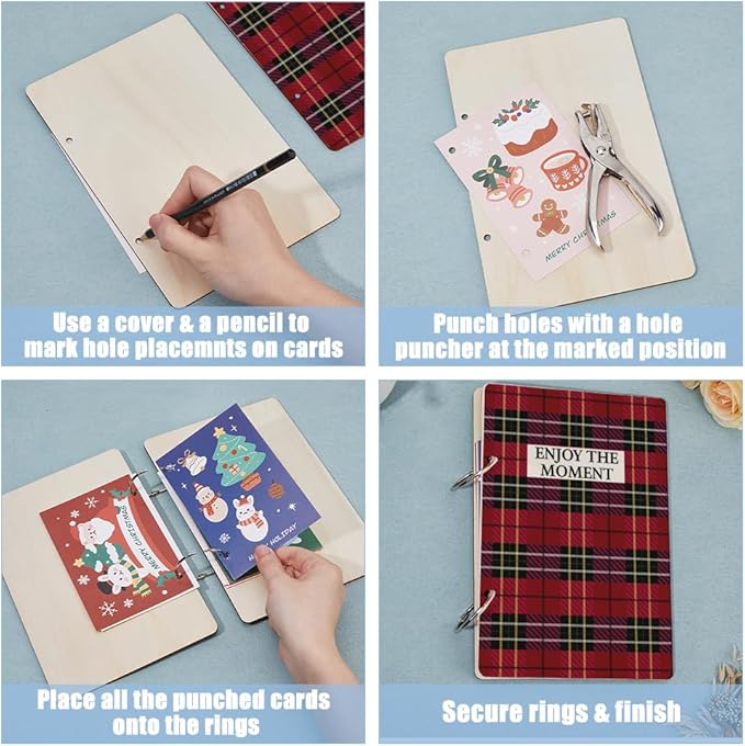 SUPERDANT Enjoy the Moment Greeting Card Holder Organizer Wooden Card Keeper Binder Planning Book Birthday Cards Keeper Photo Album 2-Rings Cover Wedding Planner Journal Keepsake Gift Keepsake Book