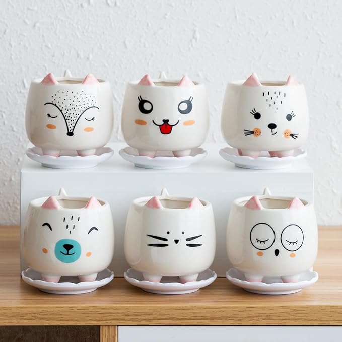B SEPOR 6Pack 3.4inch Small Ceramic Animal Planter Pots for Baby Succulent with Drainage and Bamboo Tray Window Sill Gift for Girl(Sitting Cats)