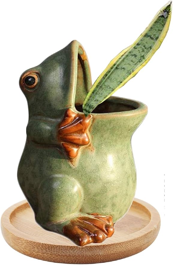 Ceramic Succulent Plant Pot Cactus Plant Pot Flower Pot Container Planter with Drainage Hole Home Office Desk Garden Gift Idea Animal Shaped Flower Pot Cute Vase Pot (Small Frog)