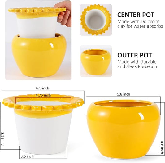 2pcs 6.5inch Design Self Watering Pot for Indoor Plants Yellow Indoor Plants Herbaceous Plants Flowers Terracotta Pots African Violet Pots Ceramic Orchid Planter Absorbent Inner Pot